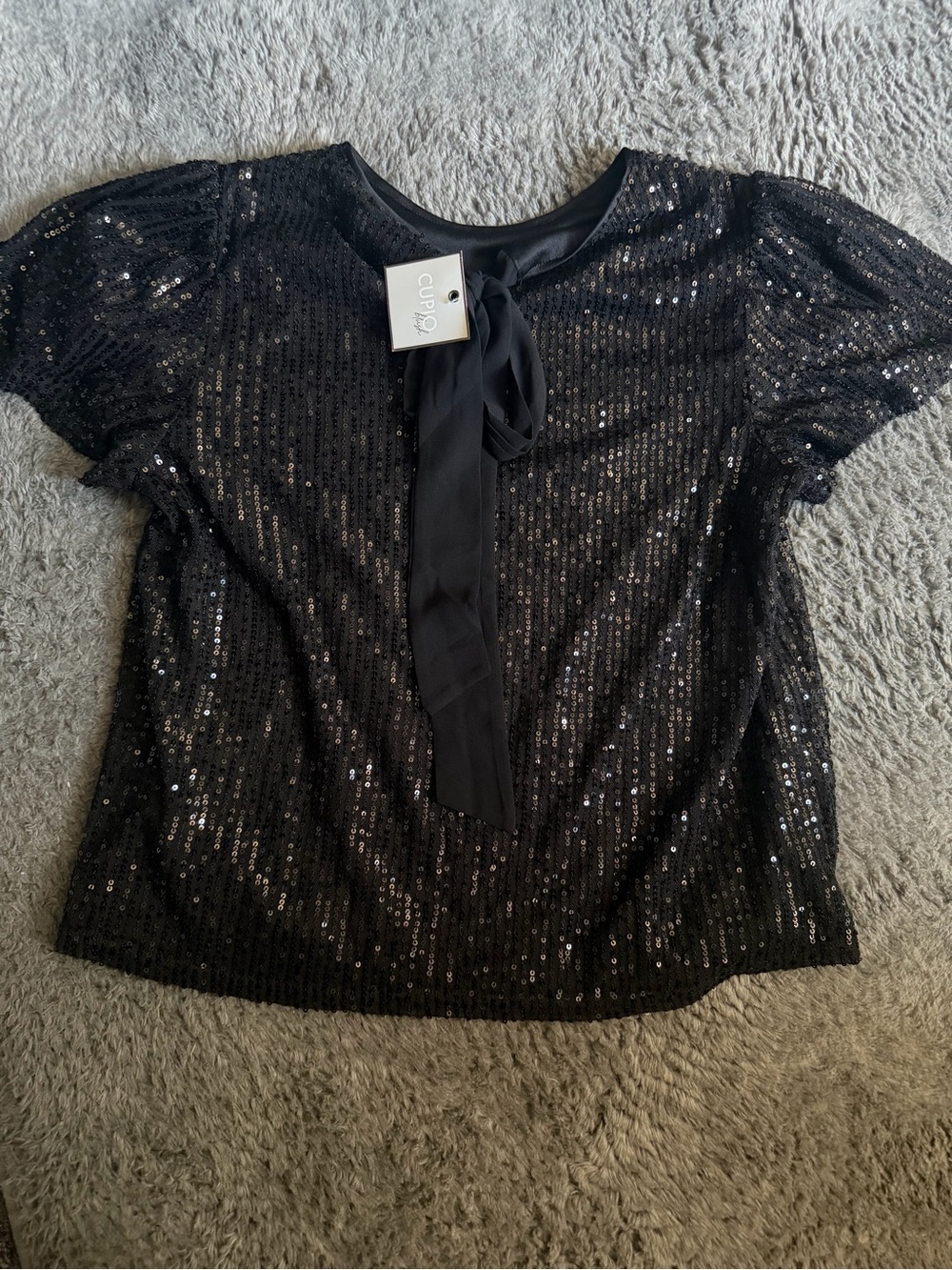 Cupio Black Sequin Tie-Neck Short Sleeve Top